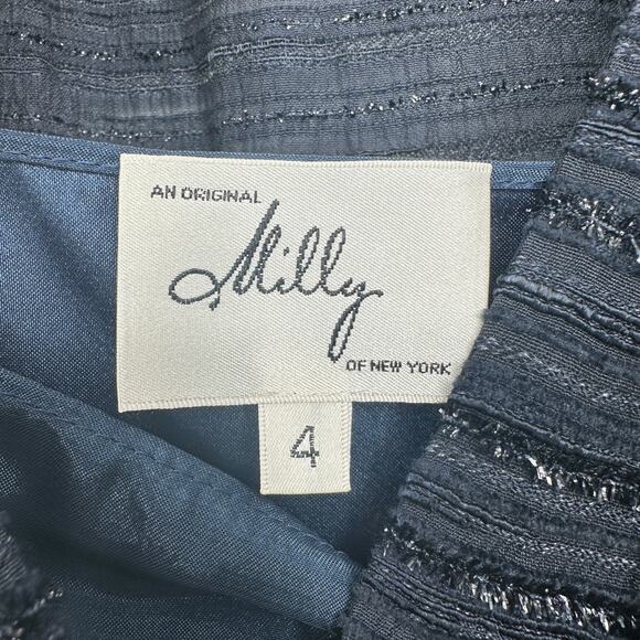 Milly Women's Sz 4 Boucle Tweed Wrap Front Evening Dress Navy Blue Metallic New - Picture 5 of 12